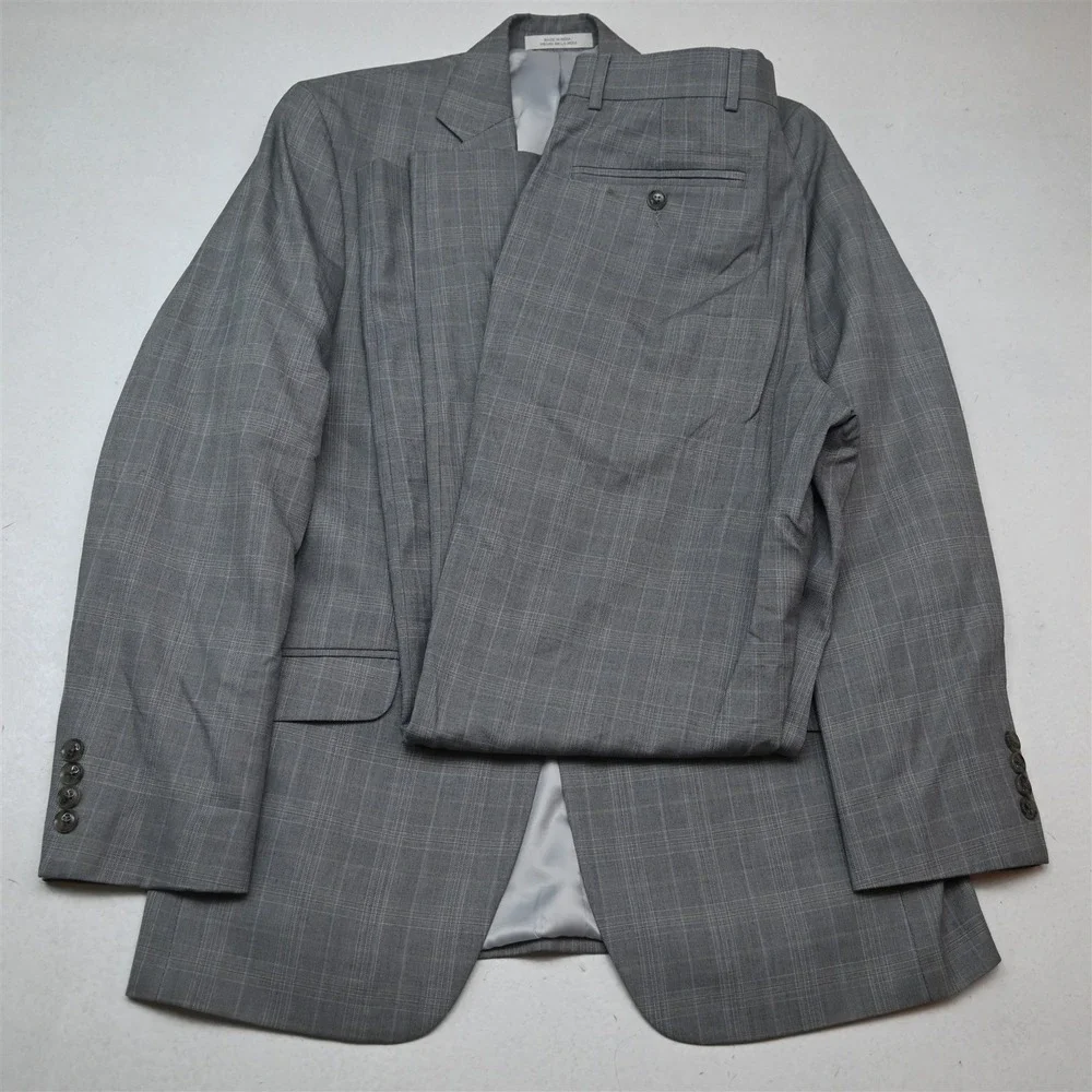 Perry Ellis 36R 30x32 Gray Windowpane Check Mens Jacket Pants Suit